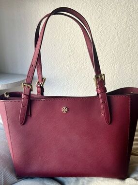 Tory Burch Saffiano Leather Tote Bag Burgundy with Gold Hardware